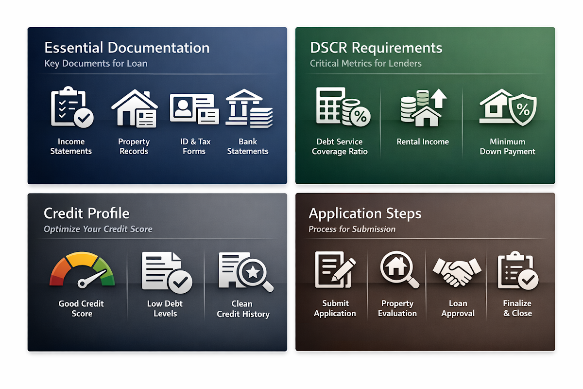 Infographic detailing essential documentation, DSCR requirements, credit profile optimization, and application submission steps for loans.