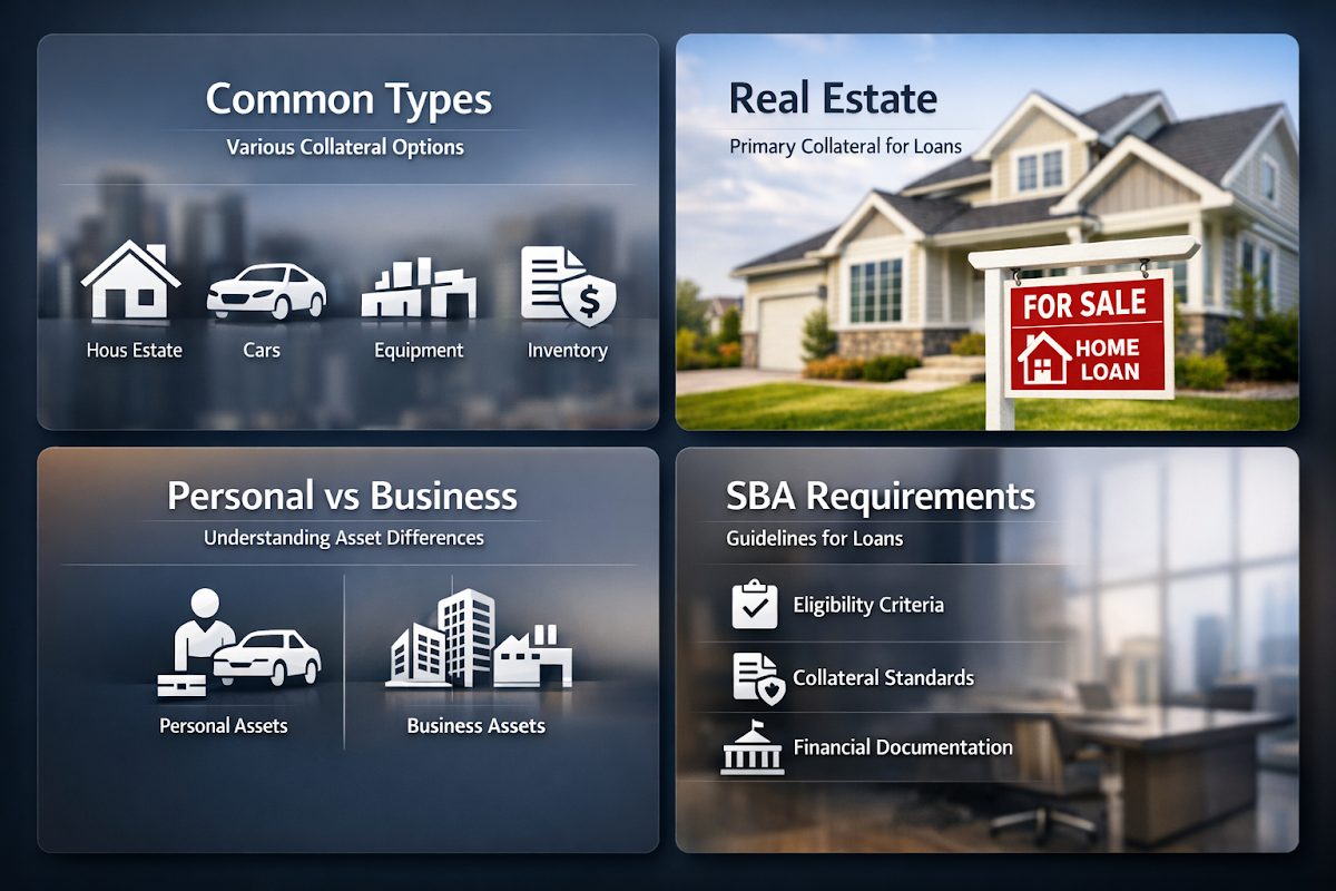 Visual guide on types of business loan collateral, real estate as collateral, personal vs business assets, and SBA loan requirements.