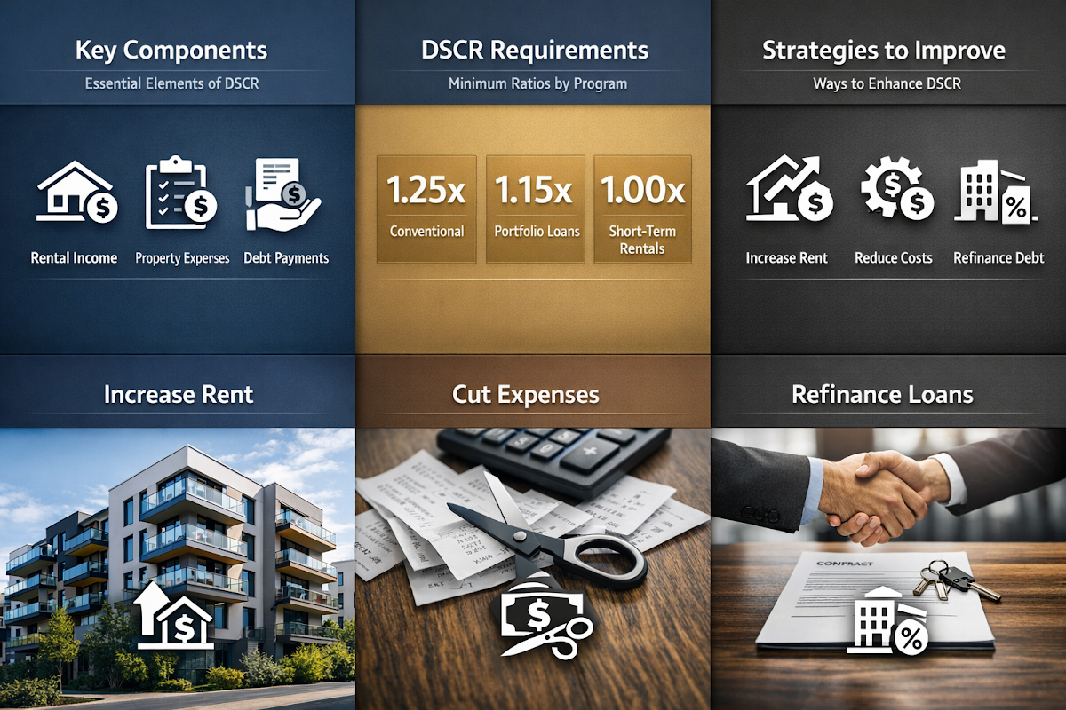 Infographic showing key components of DSCR, requirements across loan programs, and strategies to improve DSCR.
