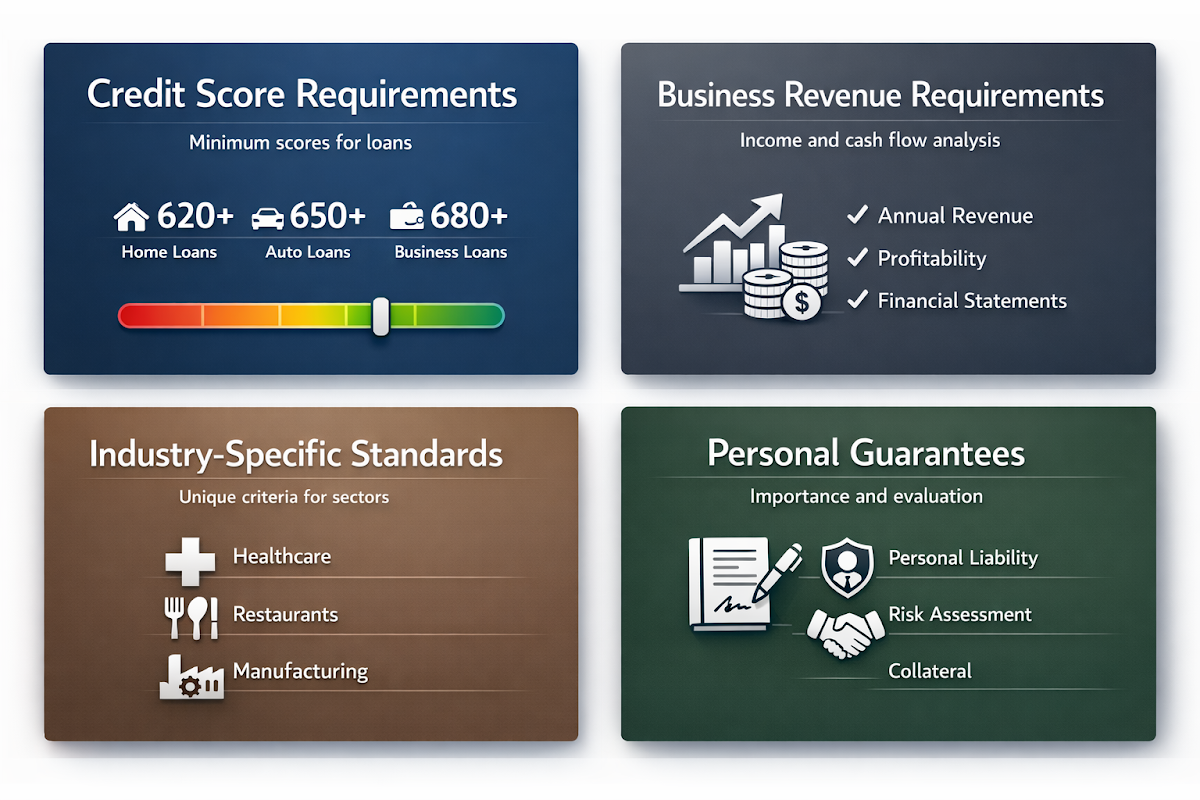 Guide on business loan eligibility criteria covering credit scores, revenue requirements, industry standards, and personal guarantees.