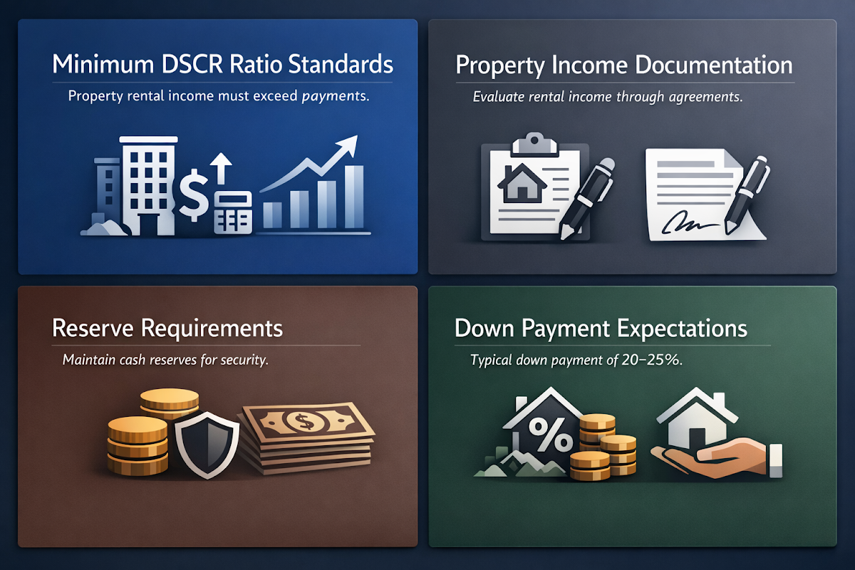 Visual representation of DSCR loan qualification requirements including minimum DSCR ratio, income documentation, reserve requirements, and down payment expectations.