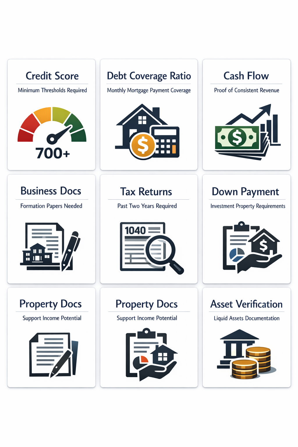 Infographic detailing core financial requirements for business loan eligibility including credit score, debt coverage, cash flow, and down payment.