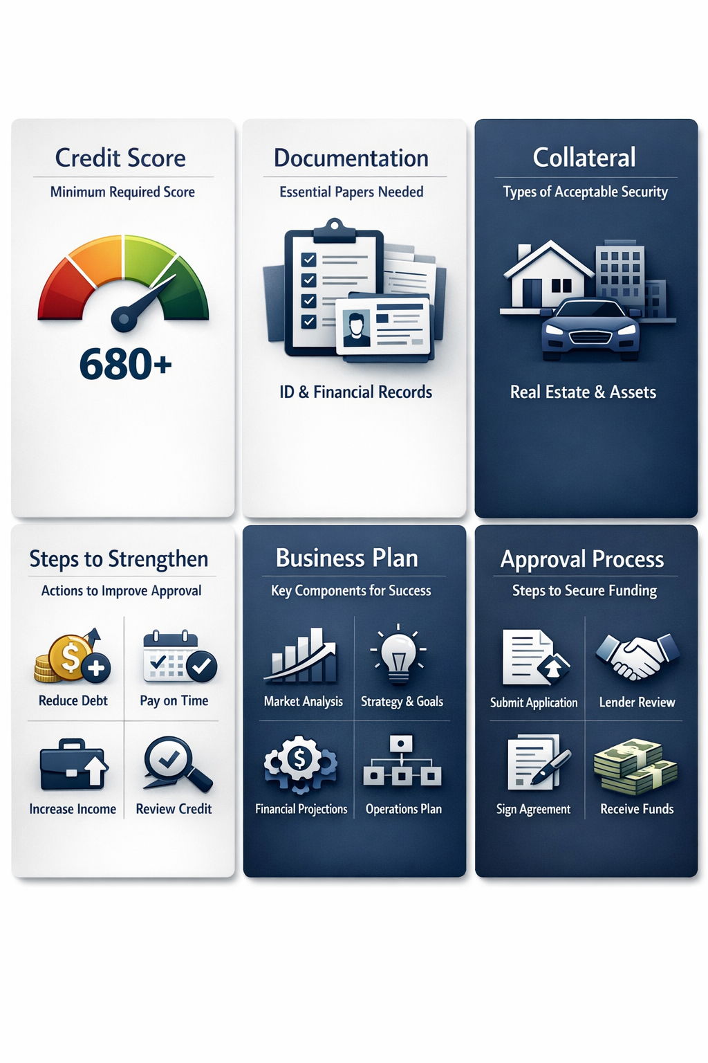 Infographic detailing credit score, documentation, collateral, strengthening steps, and business plan for startup loans.