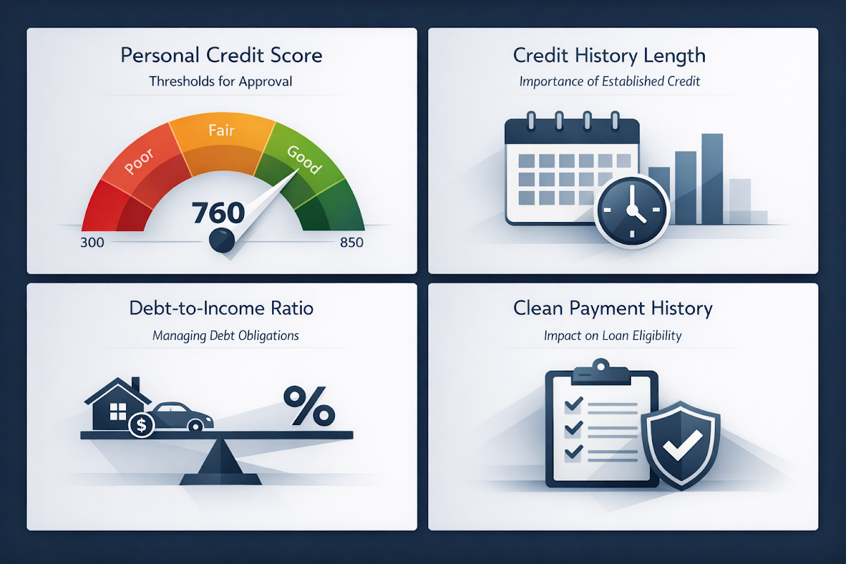 Infographic on essential credit requirements for startup loans, covering credit score, history, debt ratio, and payment history.