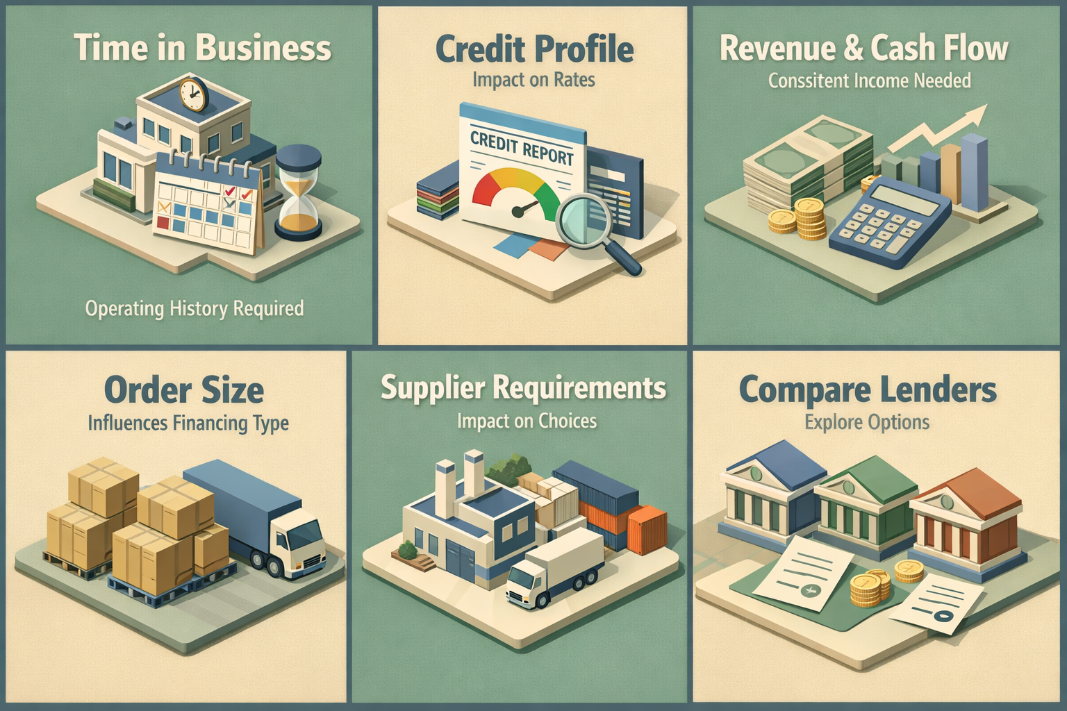 Visualizing key factors for choosing import financing options including time in business, credit profile, revenue, order size, supplier requirements, and lender comparison.