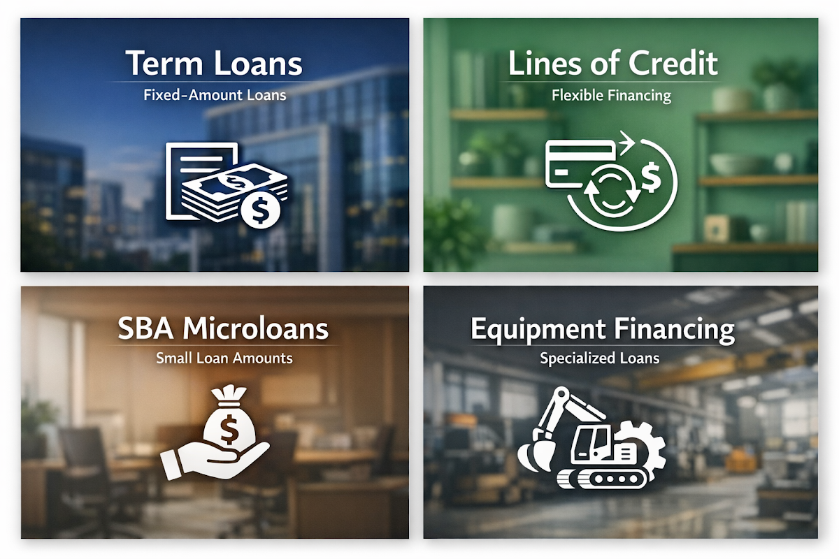 Infographic showing essential marketing loan types for property investors including term loans, lines of credit, SBA microloans, and equipment financing.