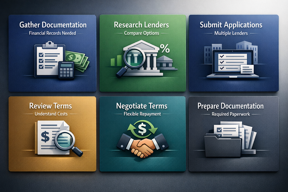 Step-by-step application process for payroll financing with key actions and requirements for real estate investors.