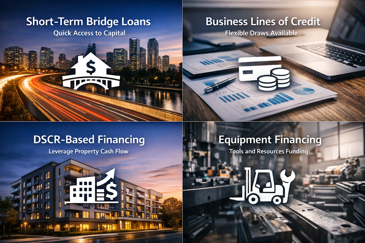 Infographic showing payroll financing options for property investors including bridge loans, lines of credit, DSCR financing, and equipment loans.