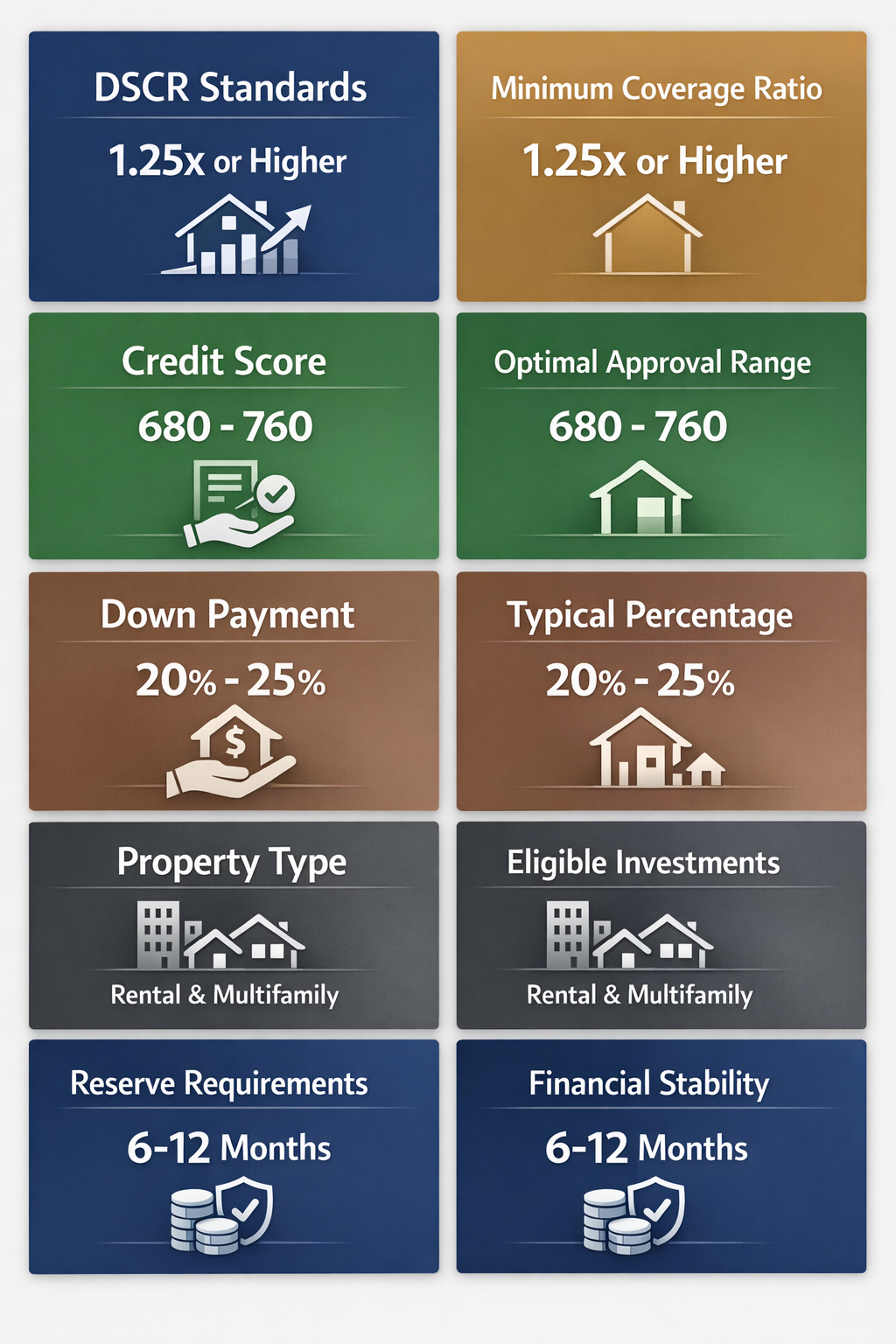 Visualizing essential DSCR loan requirements including standards, credit score, down payment, property type, and reserve requirements.