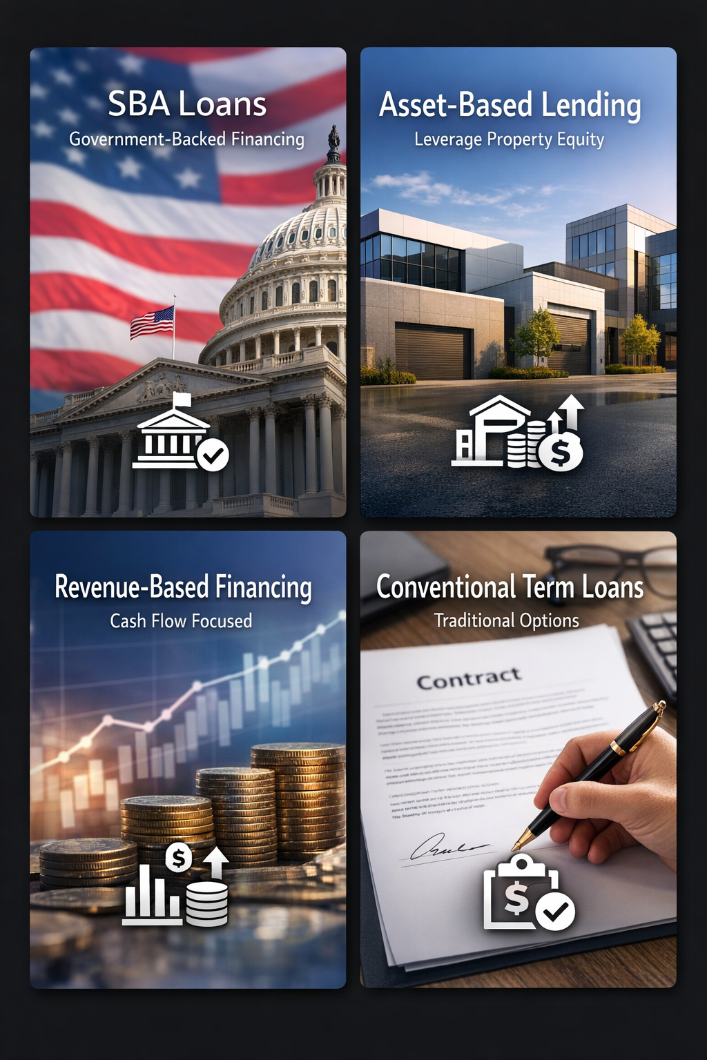Visual representation of essential franchise financing options including SBA loans, asset-based lending, revenue-based financing, and conventional loans.