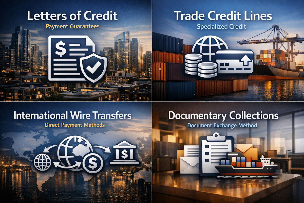 Infographic showing traditional import financing options including Letters of Credit, Trade Credit Lines, International Wire Transfers, and Documentary Collections.