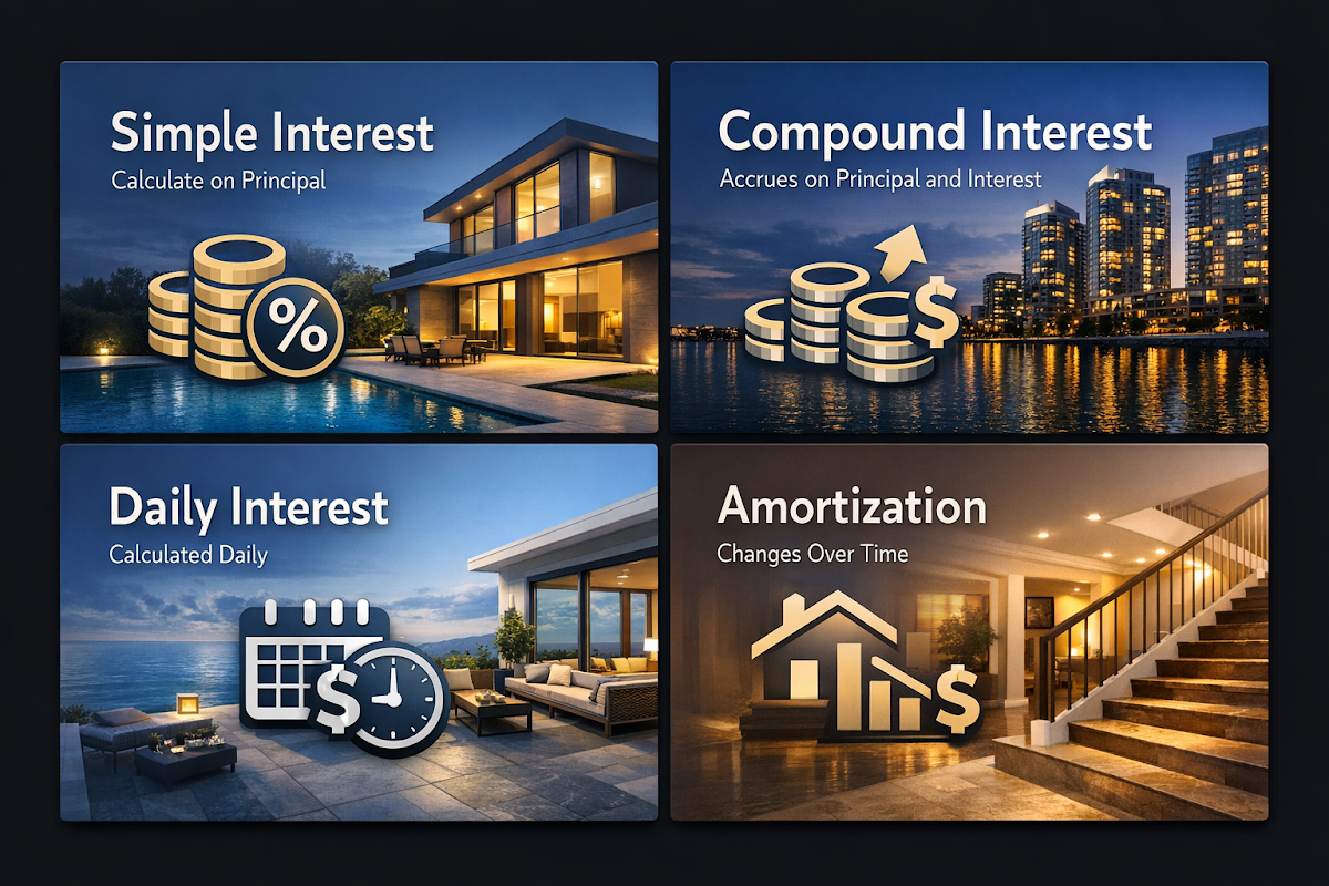 Infographic comparing simple interest, compound interest, daily interest, and amortization for business loans.