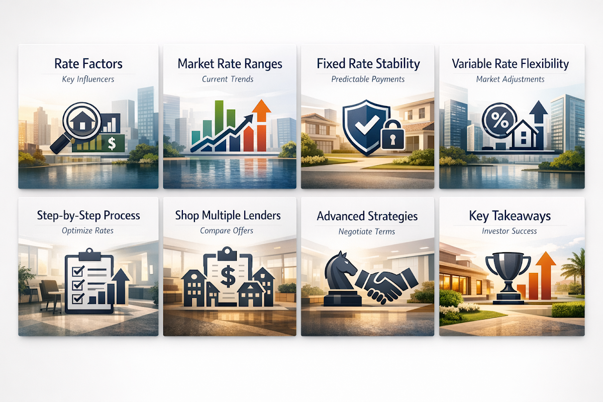 Visual breakdown of rate optimization steps, factors influencing rates, and key takeaways for real estate investors.