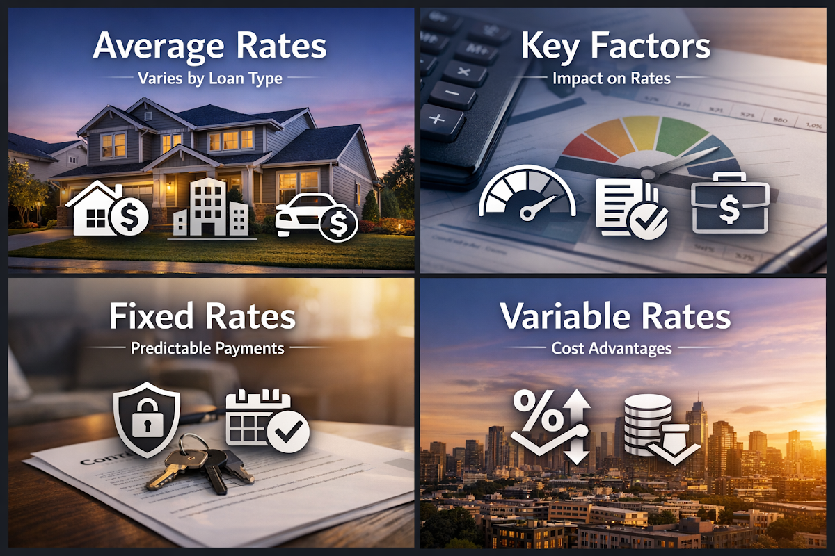 Infographic on average business loan interest rates and key factors affecting them, including fixed and variable rates.