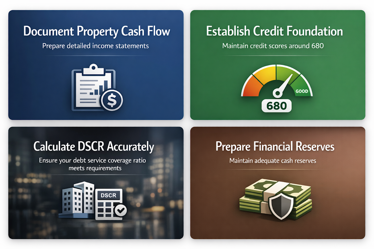 Steps for inventory loan success including cash flow documentation, credit foundation, DSCR calculation, and financial reserves.