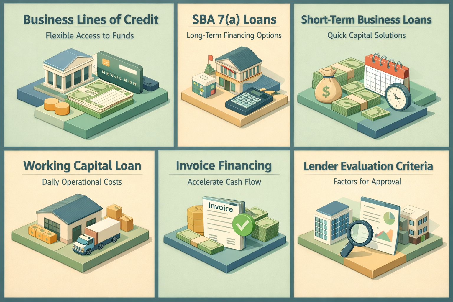 Infographic showing business loan options for freelance consultants including lines of credit, SBA loans, short-term loans, and more.