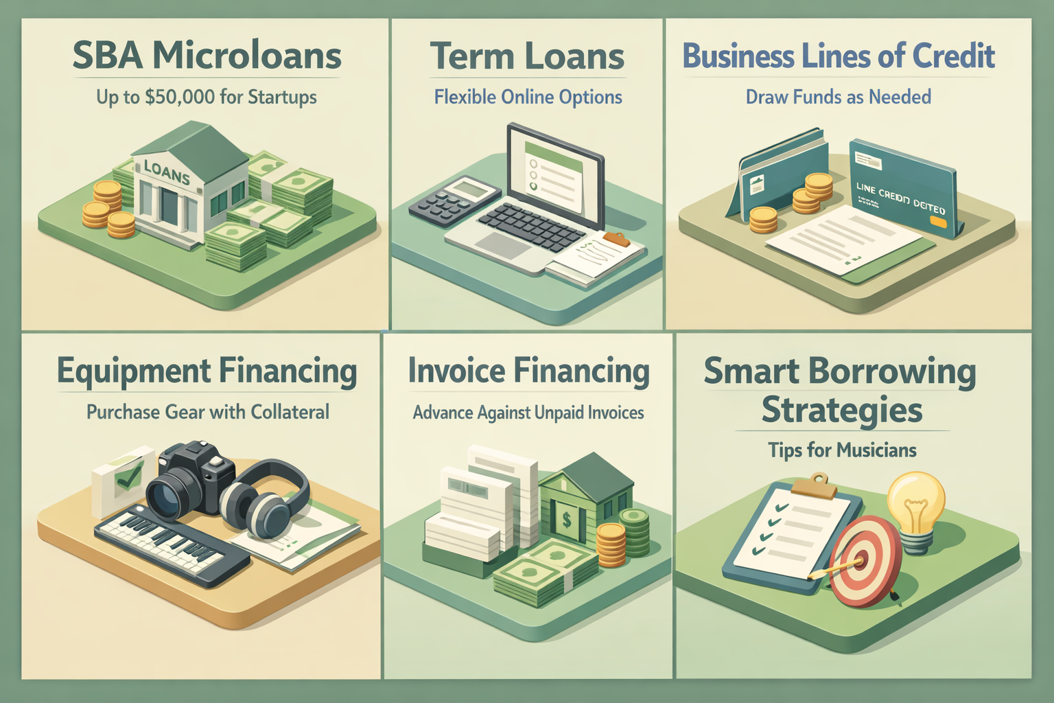 Infographic showing business loan options for freelance musicians including SBA Microloans, Term Loans, and more.