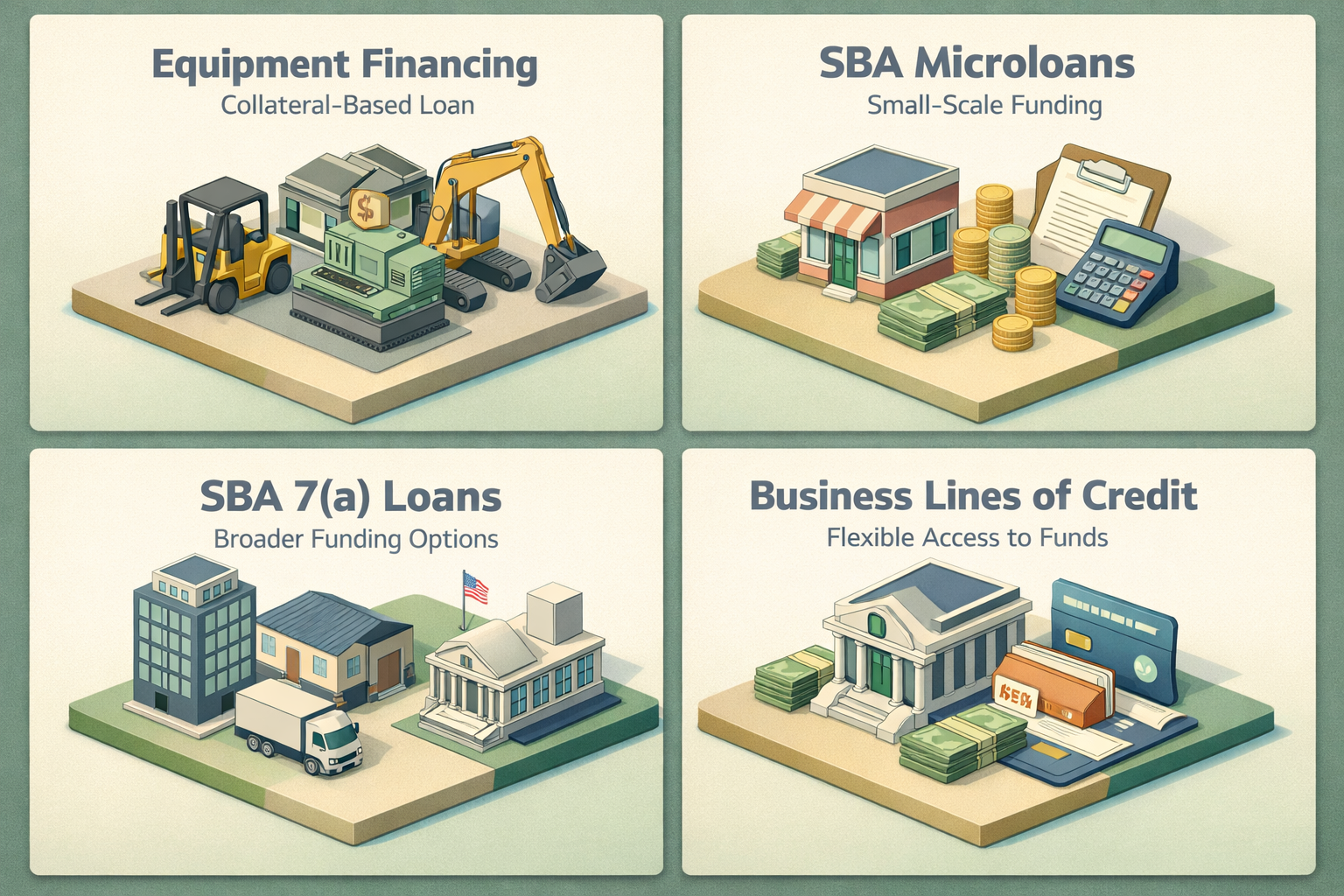 Infographic showing equipment financing, SBA microloans, SBA 7(a) loans, and business lines of credit for photographers.