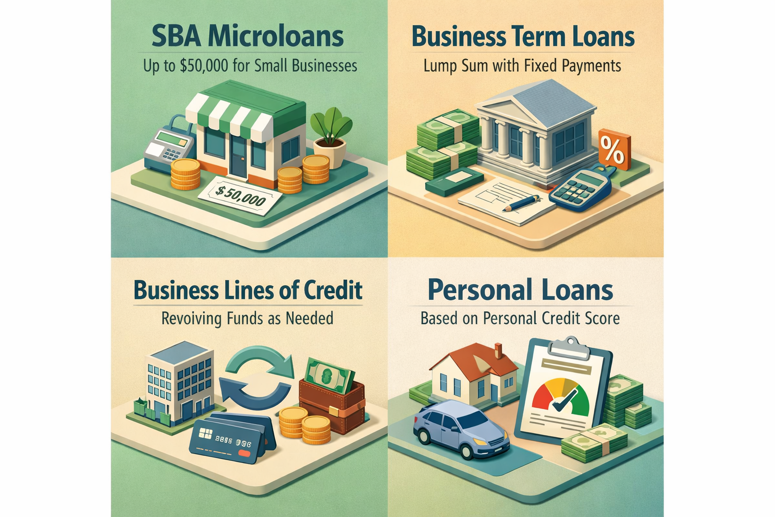 Infographic showing business loan options for freelance writers including SBA Microloans, Term Loans, Lines of Credit, and Personal Loans.