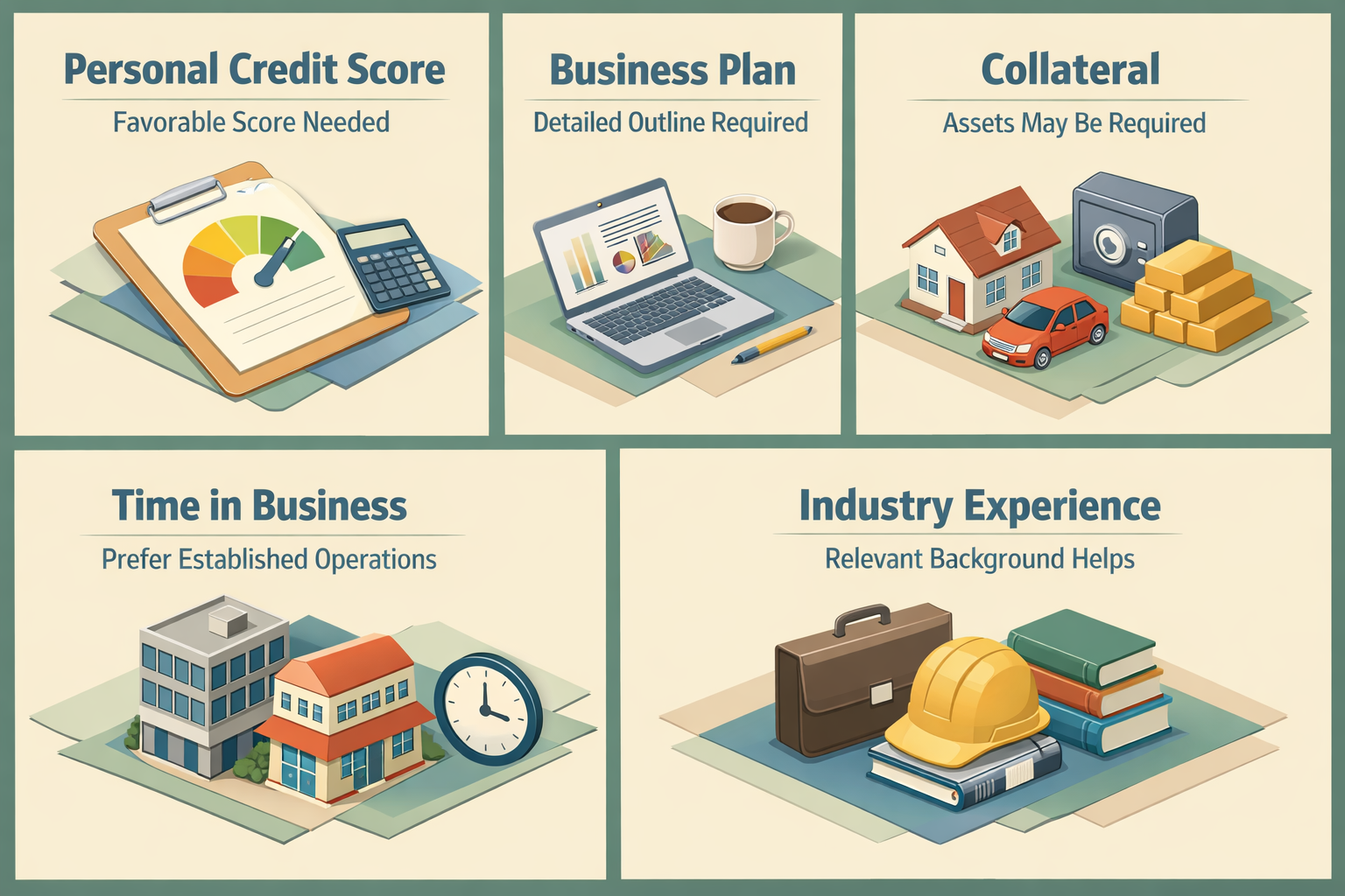 Evaluation criteria for tutoring center loan applications including credit score, business plan, collateral, time in business, and industry experience.