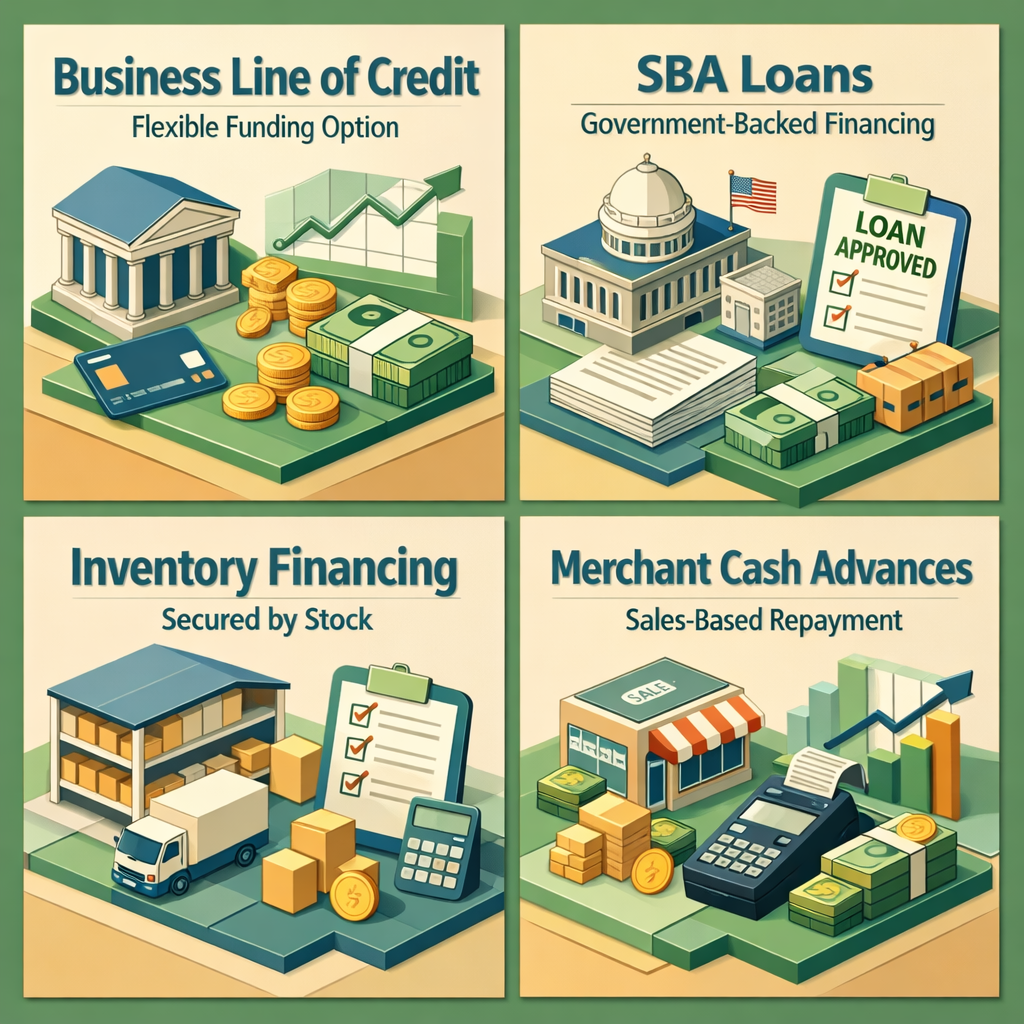 Infographic showing business loan options for retail stores with seasonal inventory fluctuations: credit lines, SBA loans, inventory financing, cash advances.