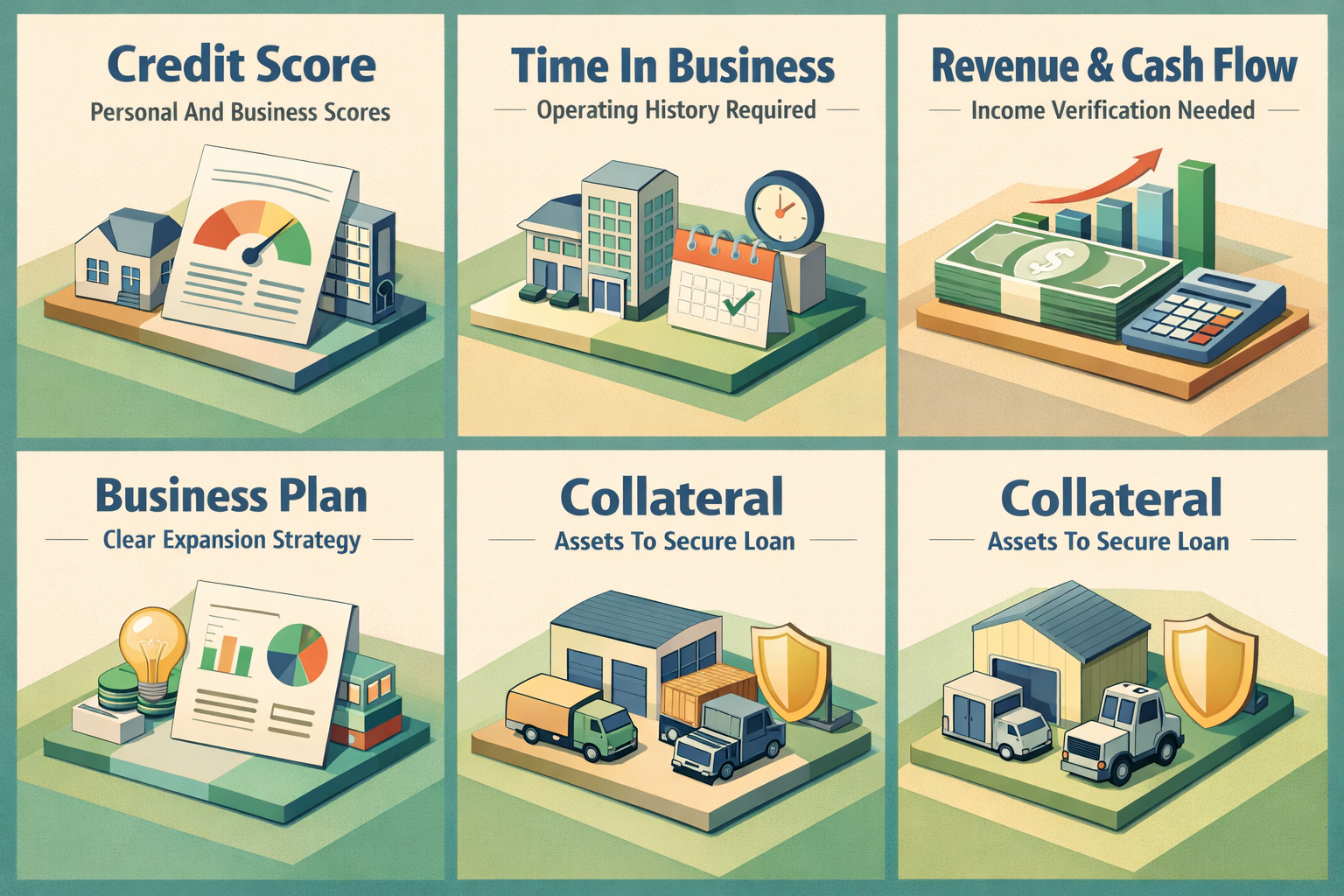 Infographic showing factors lenders evaluate for business loans: credit score, time in business, revenue, business plan, collateral.