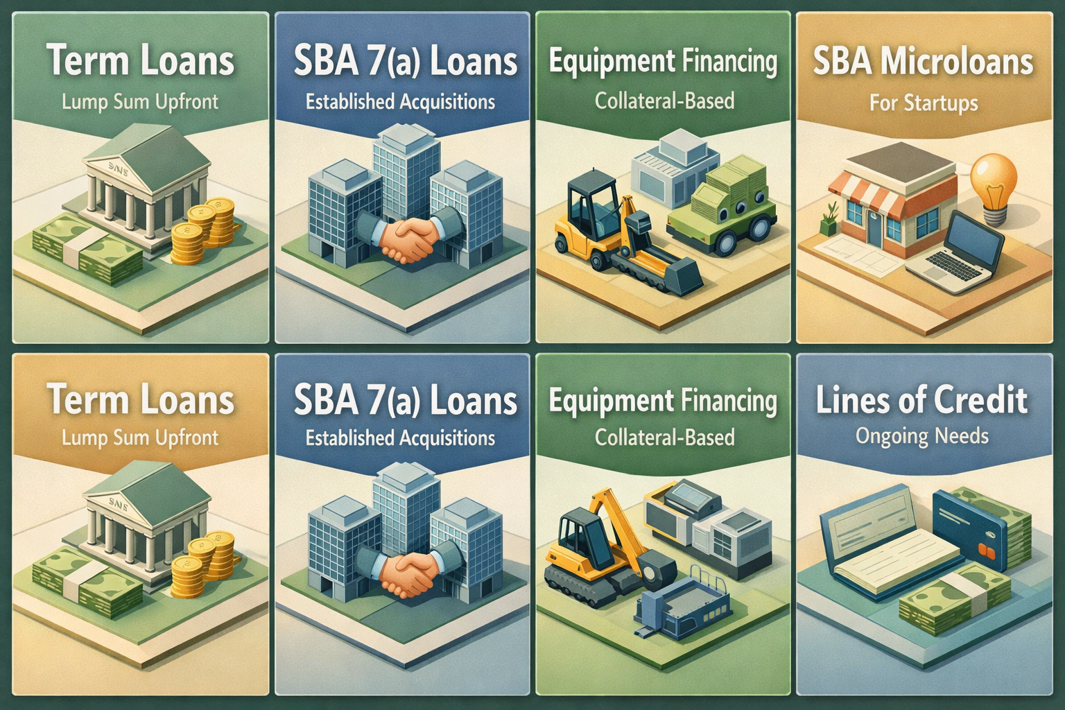Comparison of loan structures for food truck acquisitions including Term Loans, SBA 7(a) Loans, Equipment Financing, SBA Microloans, and Lines of Credit.