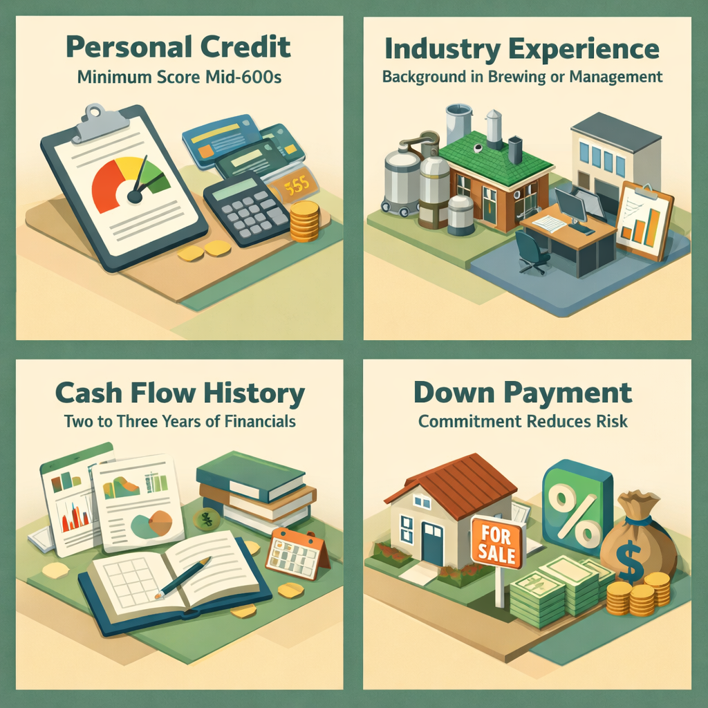 Evaluation criteria for acquiring a niche craft brewery including personal credit, industry experience, cash flow history, and down payment.