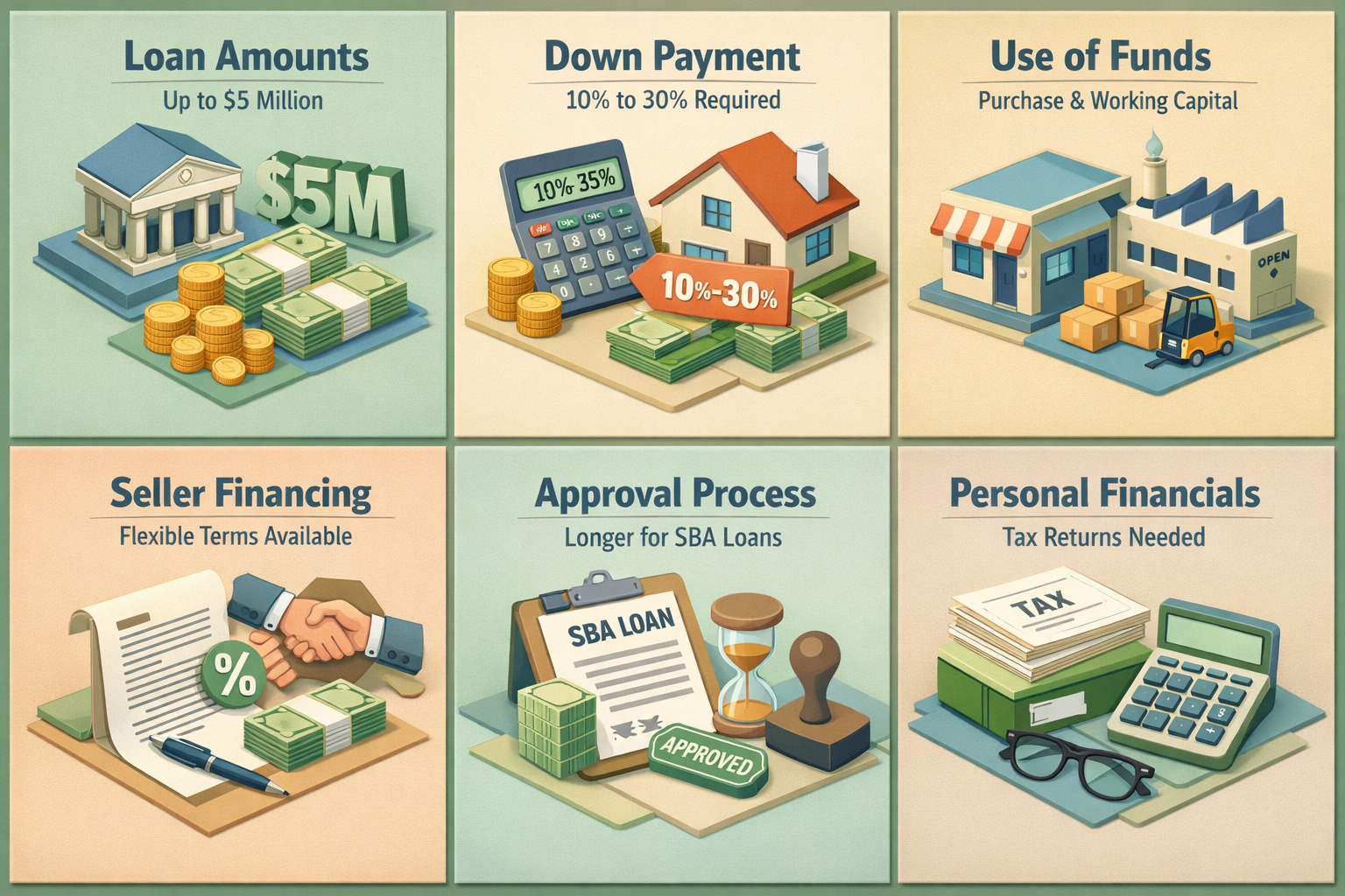Infographic detailing SBA loan features including loan amounts, down payment, use of funds, seller financing, approval process, and personal financials.