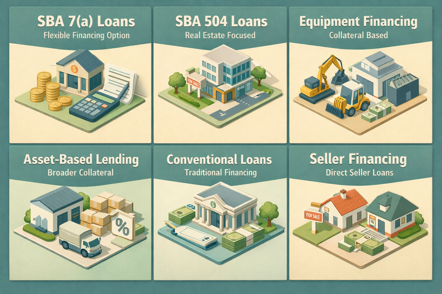 Infographic showing various financing options for acquiring a small-batch kombucha brewery including SBA loans and seller financing.