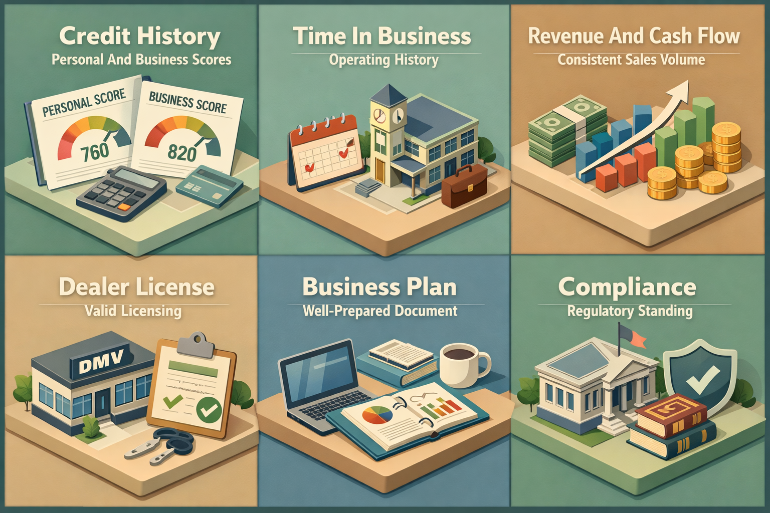 Infographic showing key factors lenders evaluate for dealership financing: credit history, time in business, revenue, dealer license, business plan, compliance.