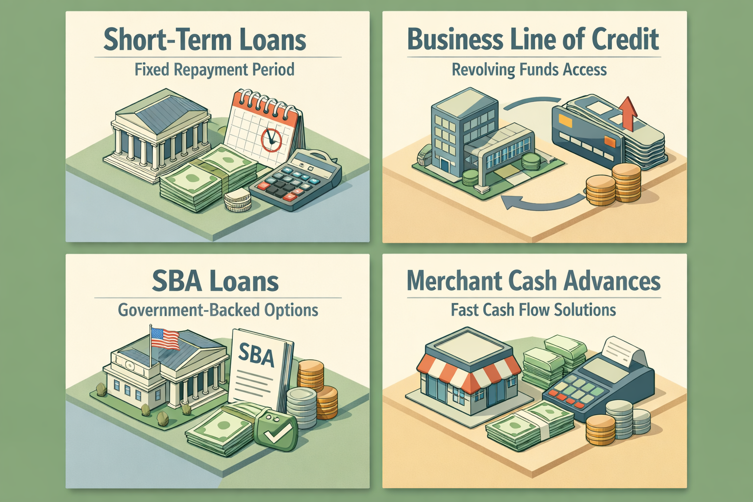 Infographic showing short-term loans, business lines of credit, SBA loans, and merchant cash advances for seasonal inventory financing.