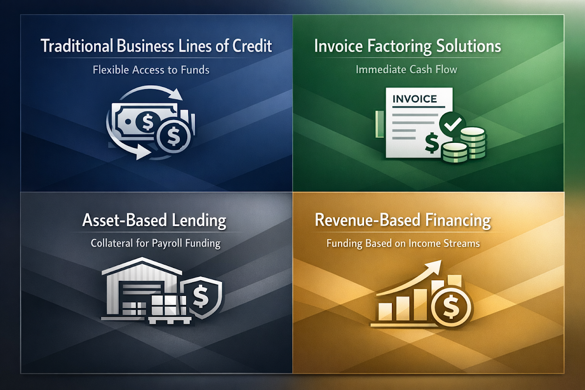 Infographic showing payroll financing options for property investors including lines of credit, factoring, asset-based lending, and revenue-based financing.