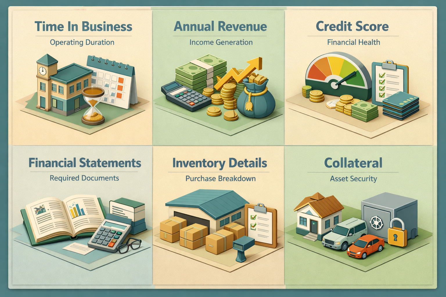 Infographic showing common lender requirements for inventory loans including time in business, revenue, credit score, and more.