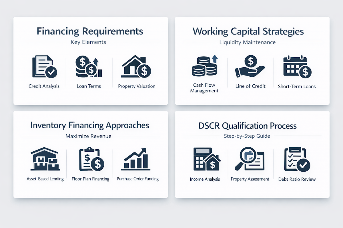 Visualizing essential financing requirements, working capital strategies, inventory financing approaches, and DSCR qualification process.