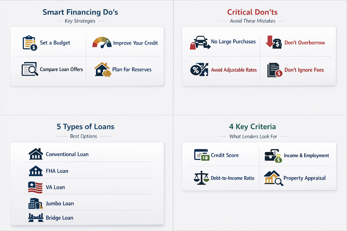 Infographic showing smart financing do's, critical don'ts, types of loans, and key criteria for technology companies seeking business loans.
