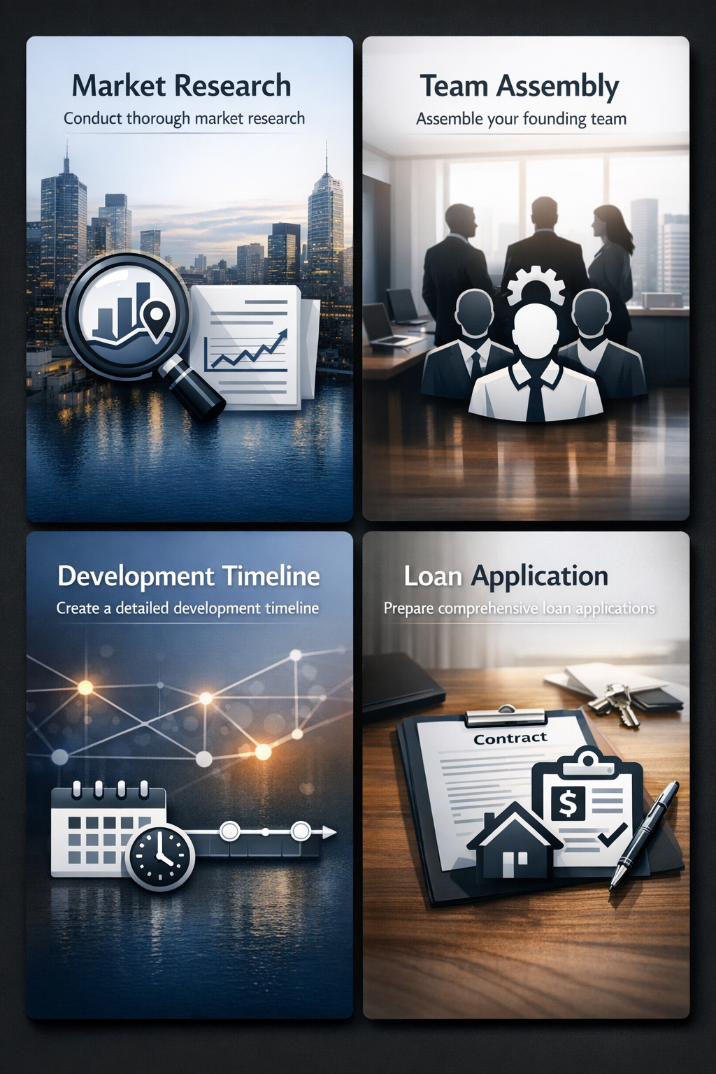 Step-by-step process for securing tech funding with market research, team assembly, development timeline, and loan application.
