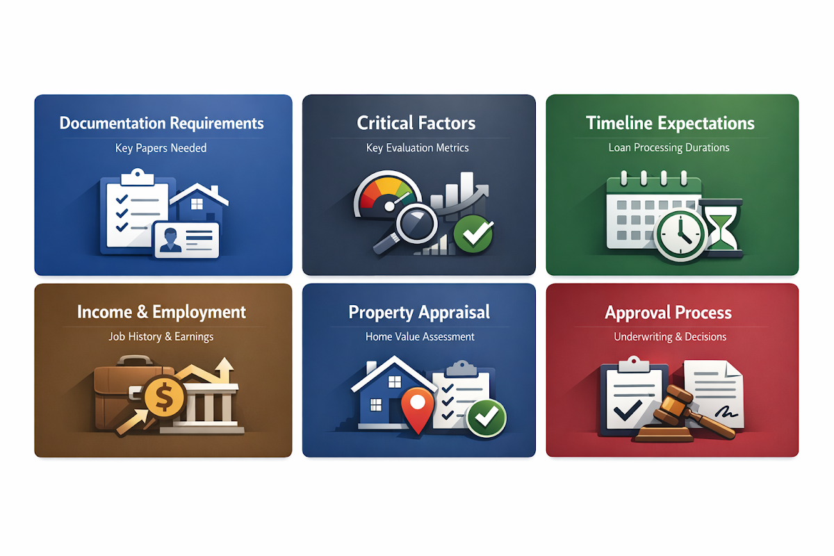 Visual representation of key documentation requirements, critical factors, and timeline expectations for business loan underwriting.