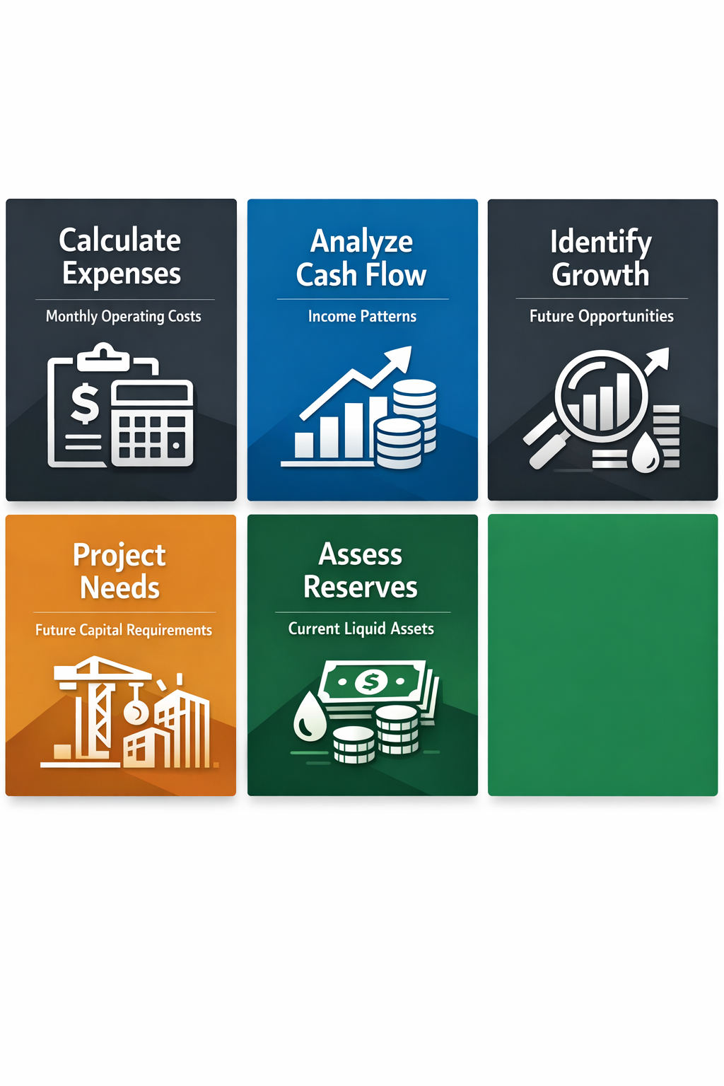 Visual guide on evaluating working capital needs with steps on calculating expenses, analyzing cash flow, and projecting future needs.