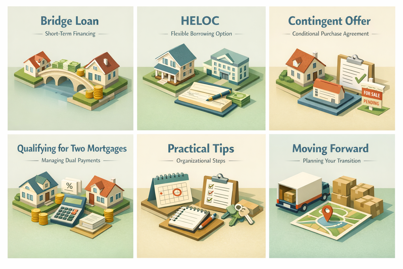 Infographic illustrating bridge loans, HELOCs, contingent offers, qualifying for two mortgages, and practical tips for managing transactions.