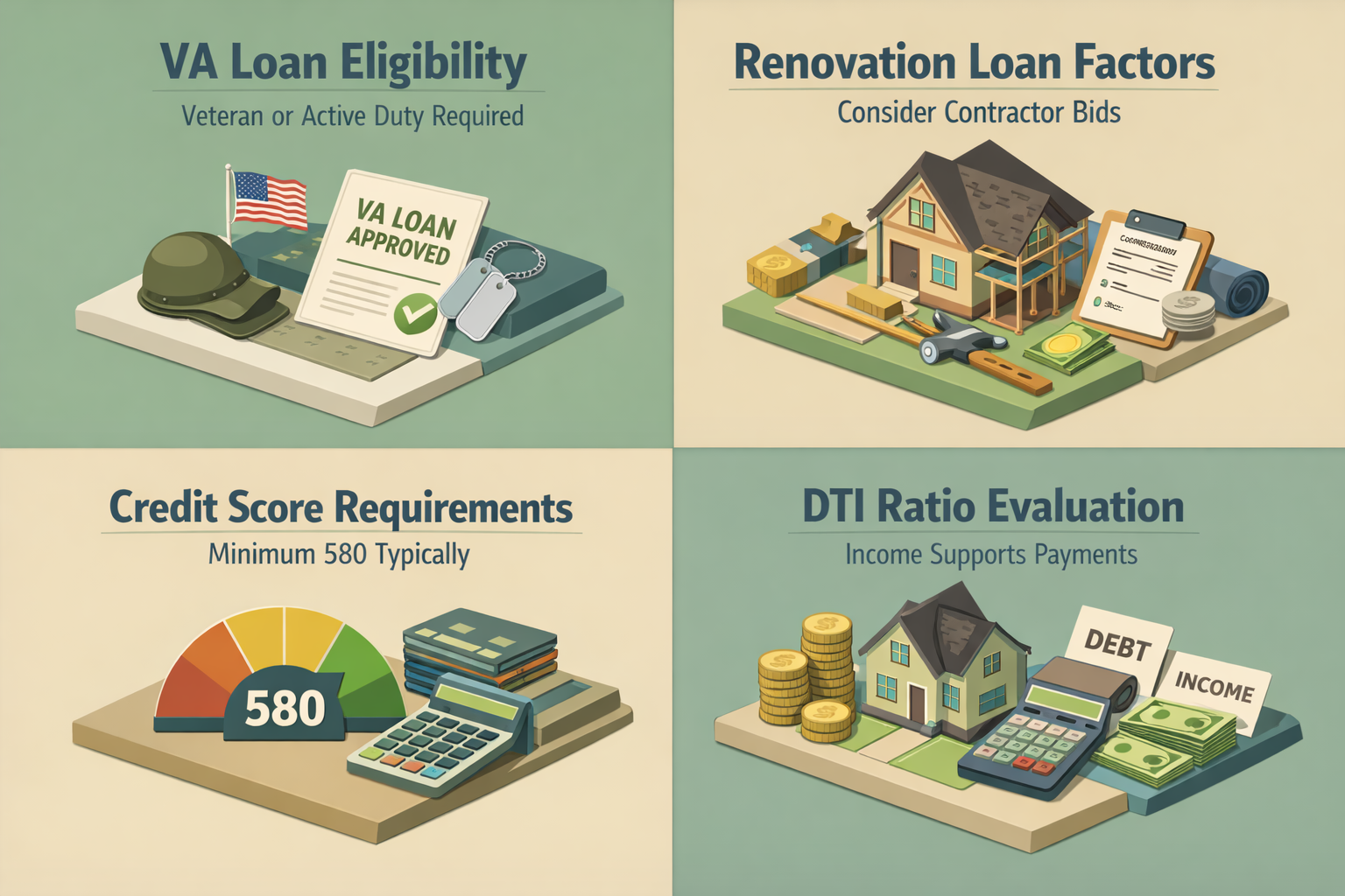 Visualizing VA loan eligibility basics and renovation loan qualification factors for veterans and active-duty service members.