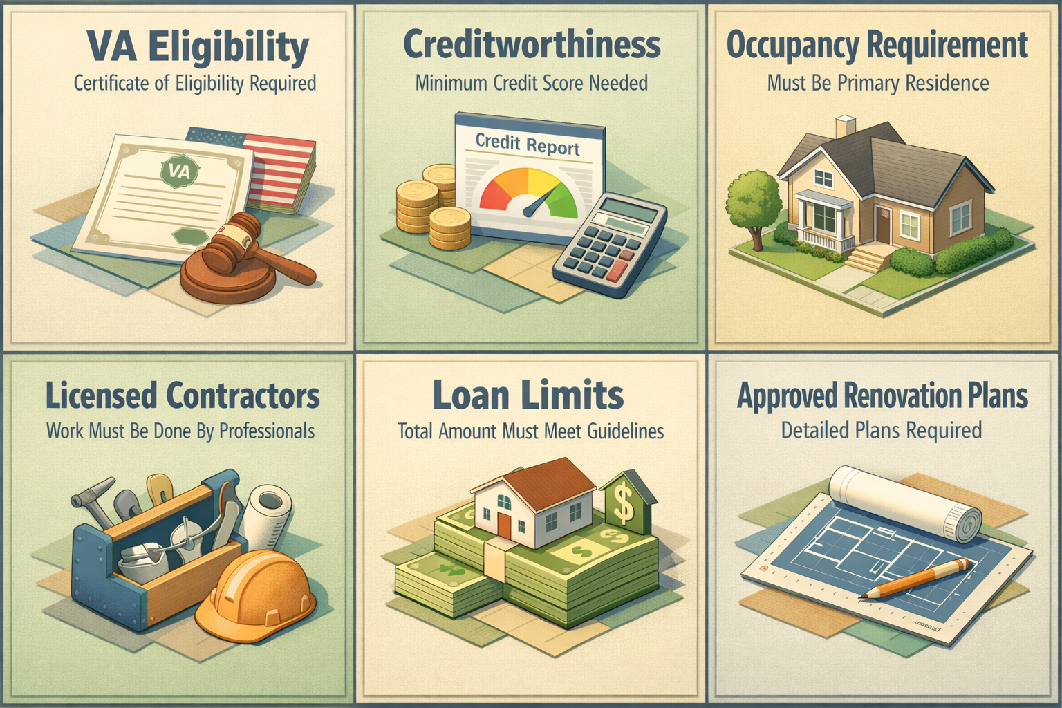 VA renovation loan requirements including eligibility, credit score, occupancy, contractors, loan limits, and renovation plans.