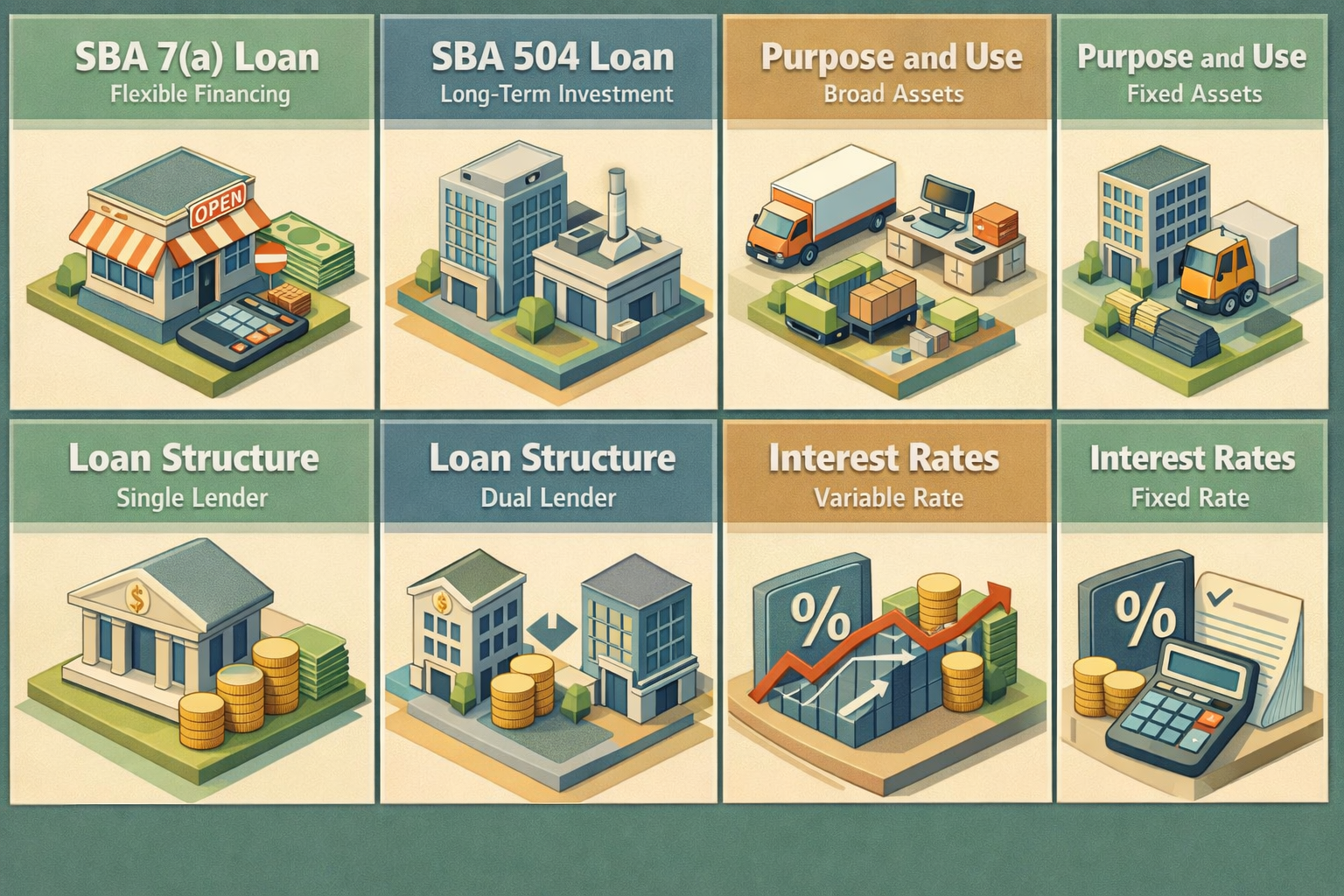 Comparison of SBA 7(a) and SBA 504 loan terms highlighting flexibility, structure, interest rates, and down payment requirements.