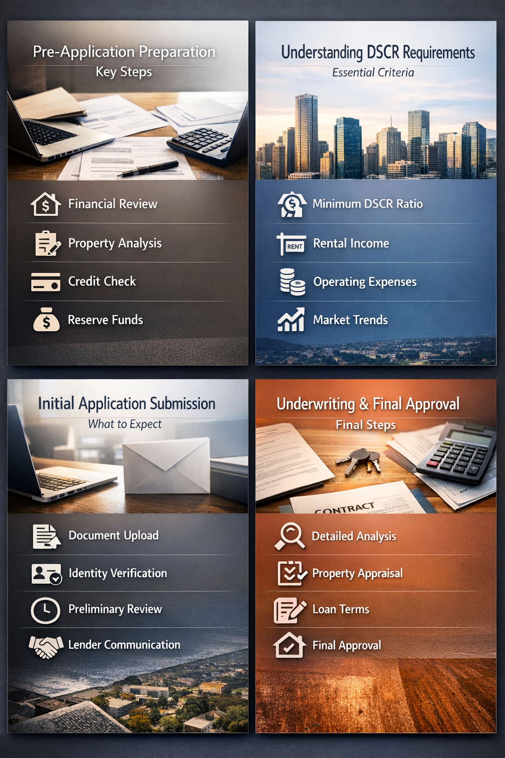 Visual guide on mortgage application steps including preparation, DSCR requirements, submission, and underwriting process.