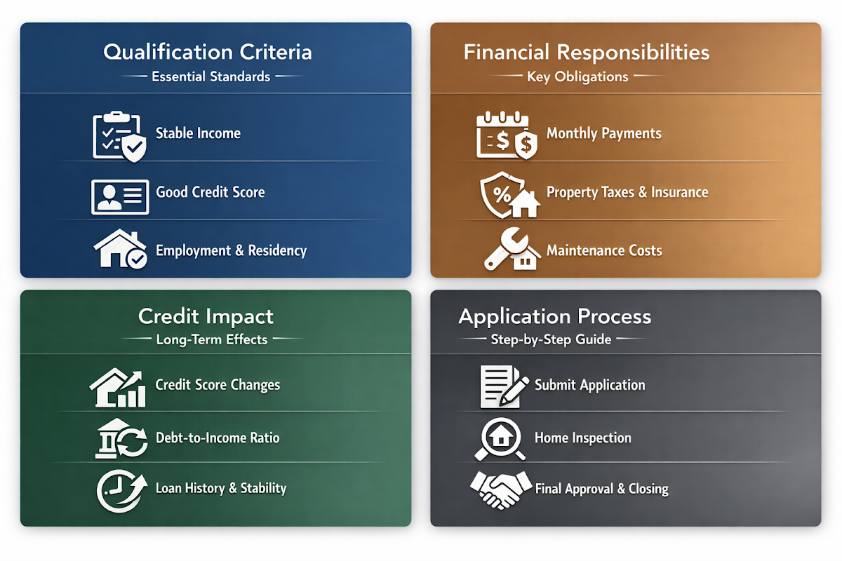 Infographic detailing co-signer mortgage application process, qualification criteria, financial responsibilities, and credit impact.