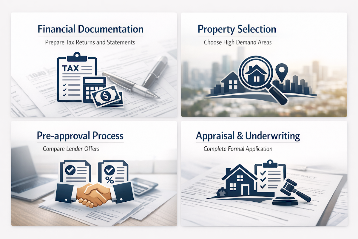 Step-by-step second home mortgage application process with financial documentation, property selection, pre-approval, and appraisal.