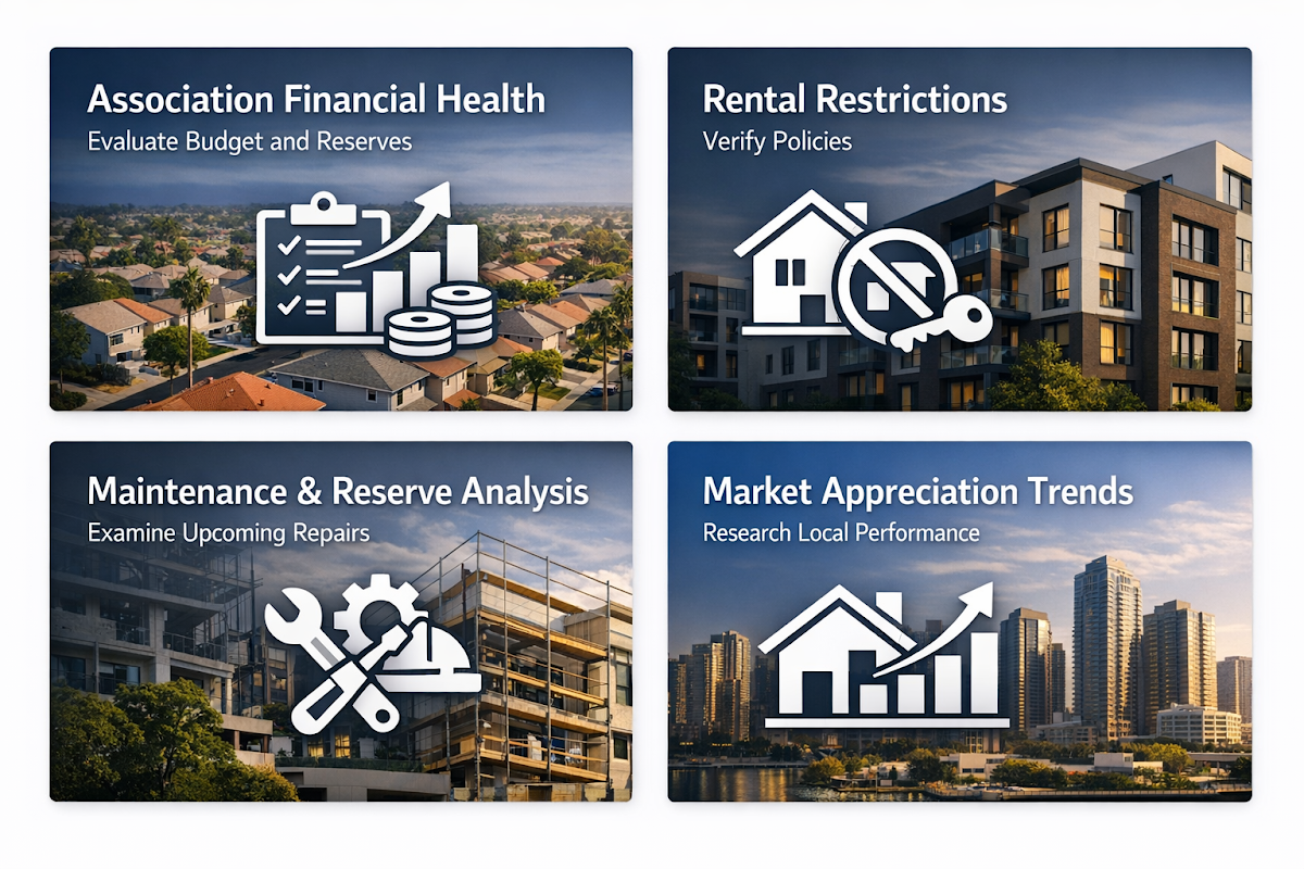 Essential pre-purchase checklist for condo investments including financial health, rental restrictions, maintenance analysis, and market trends.
