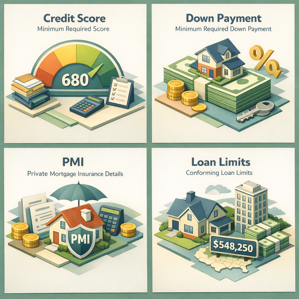 Comparison of credit score, down payment, PMI, and loan limits for conventional and FHA loans.