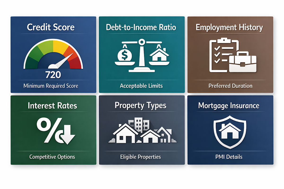 Infographic showing credit score requirements, debt-to-income ratios, employment history, interest rates, property types, and PMI details.