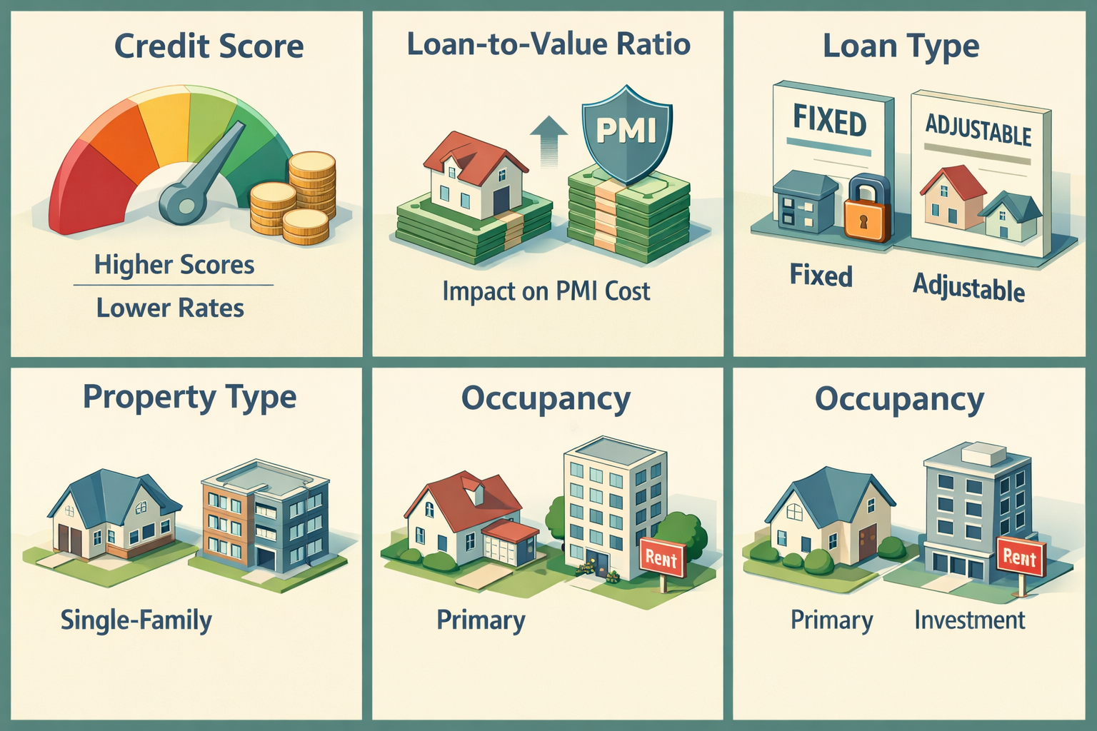 Infographic showing factors affecting PMI rates: credit score, loan-to-value ratio, loan type, property type, and occupancy.